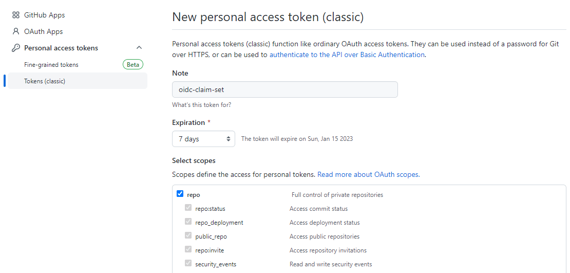 Personal Access Token scopes
