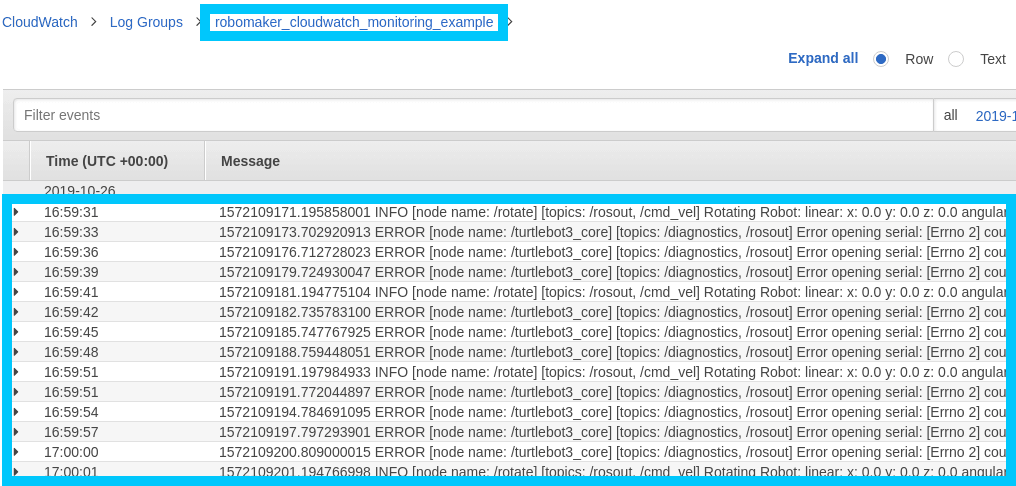 RoboMaker Deployment CloudWatch logs