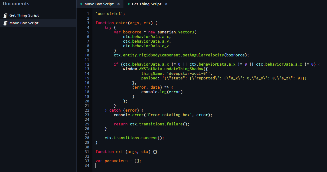 aws sumerian scene box action script 02