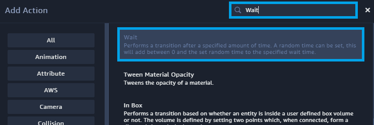 aws sumerian scene box action wait