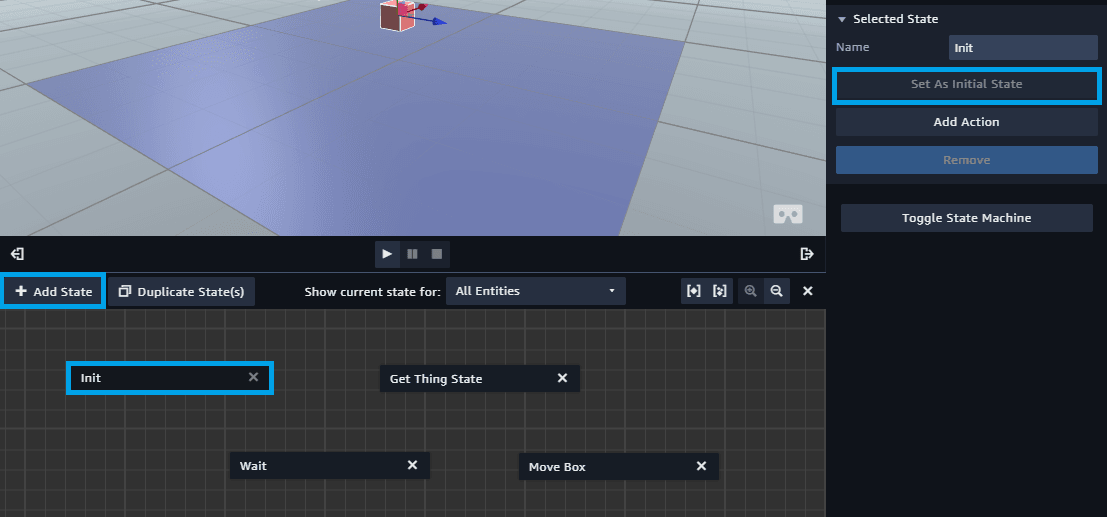 aws sumerian scene box state machine states