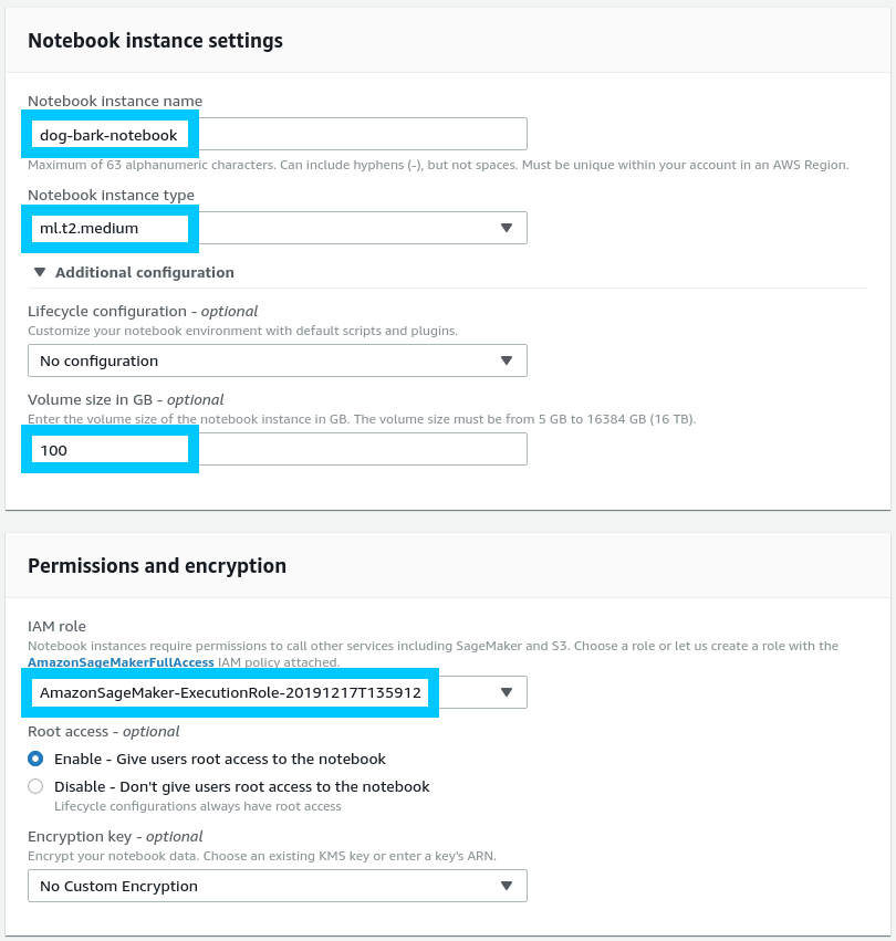 SageMaker Create Notebook disk and role settings