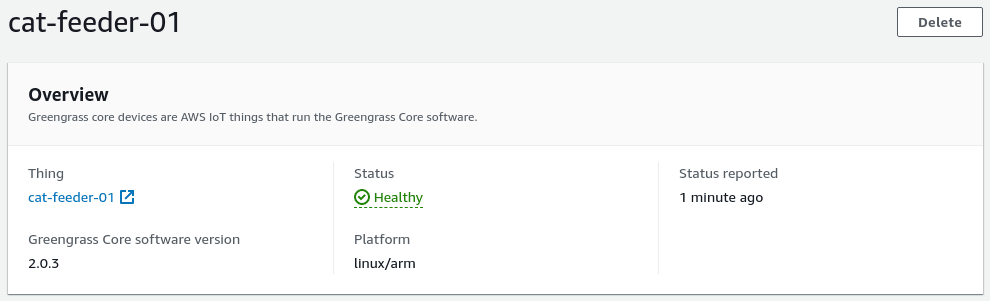 AWS IoT Greegnrass V2 cat-feeder-01 status