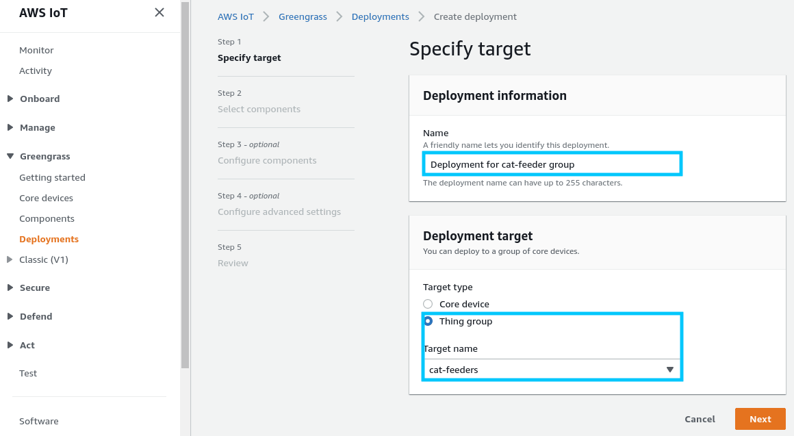 AWS IoT Greengrass V2 specify deployment details
