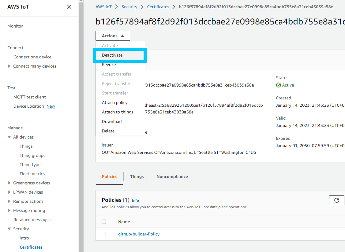 Certificate deactivation