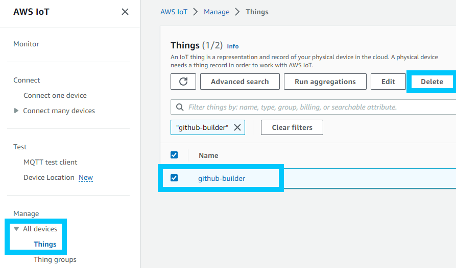 Delete github-builder IoT thing