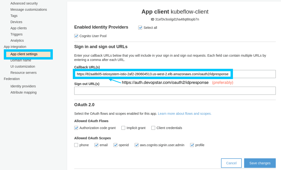 Cognito Callback URL set