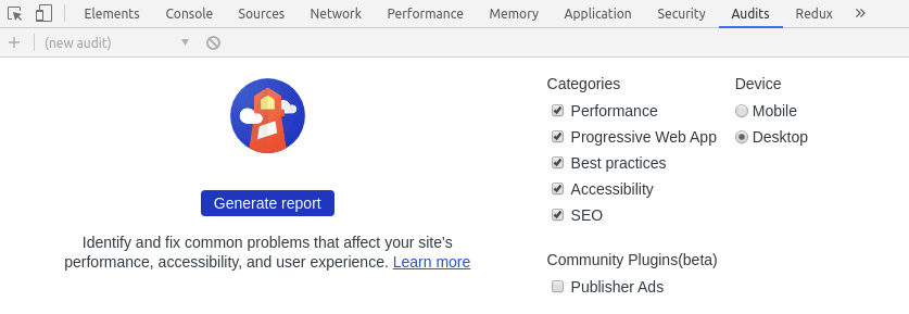 Example of running Lighthouse through Google Chrome