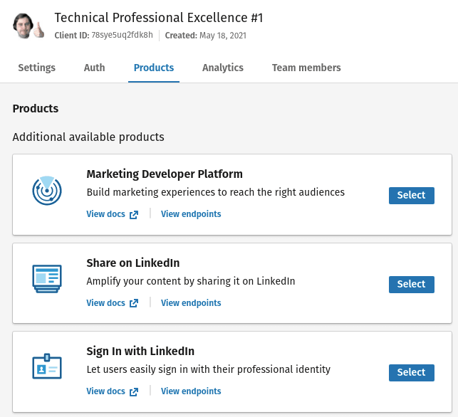 LinkedIn App Products Selection