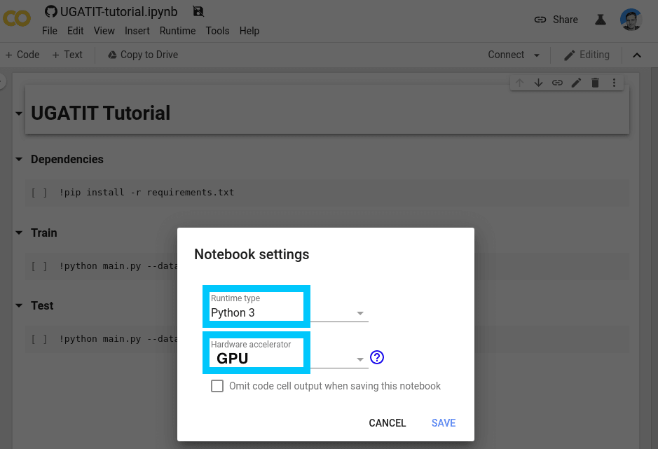 Colab Change notebook settings