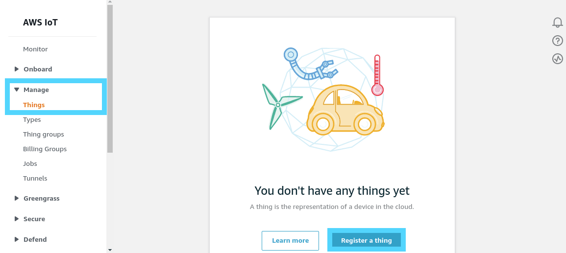 AWS IoT Register a thing menu