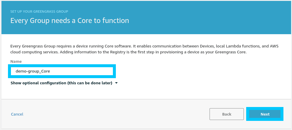 AWS IoT Greengrass name Greengrass group core