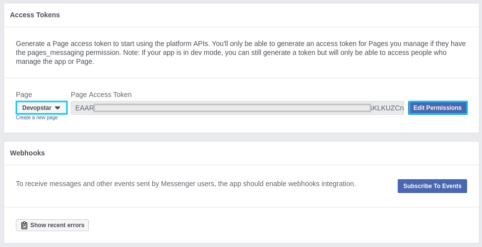 Facebook Messenger product access token