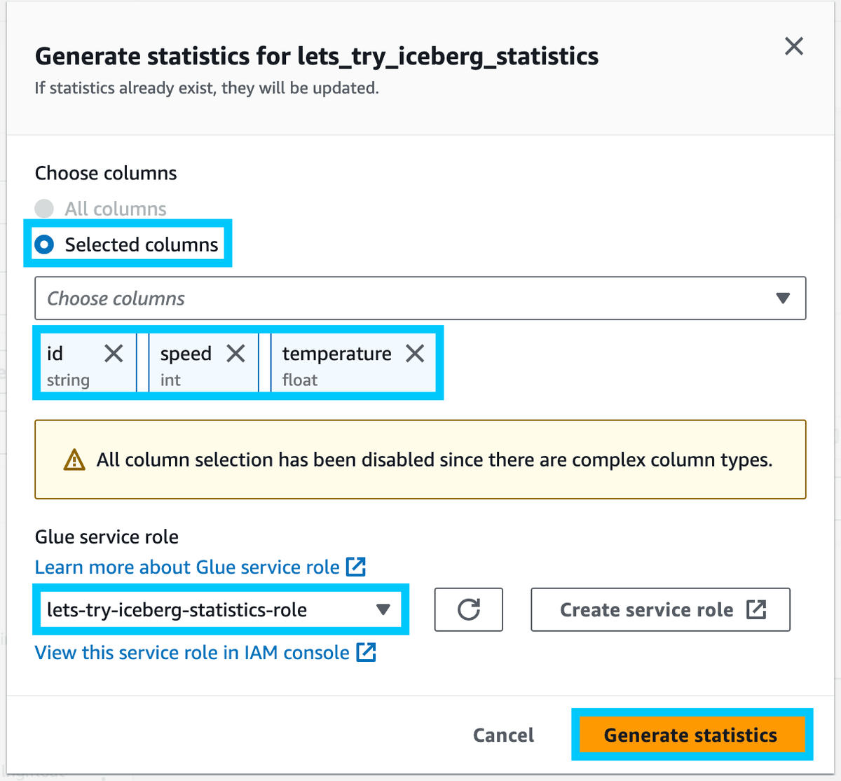 Configure Generate statistics task