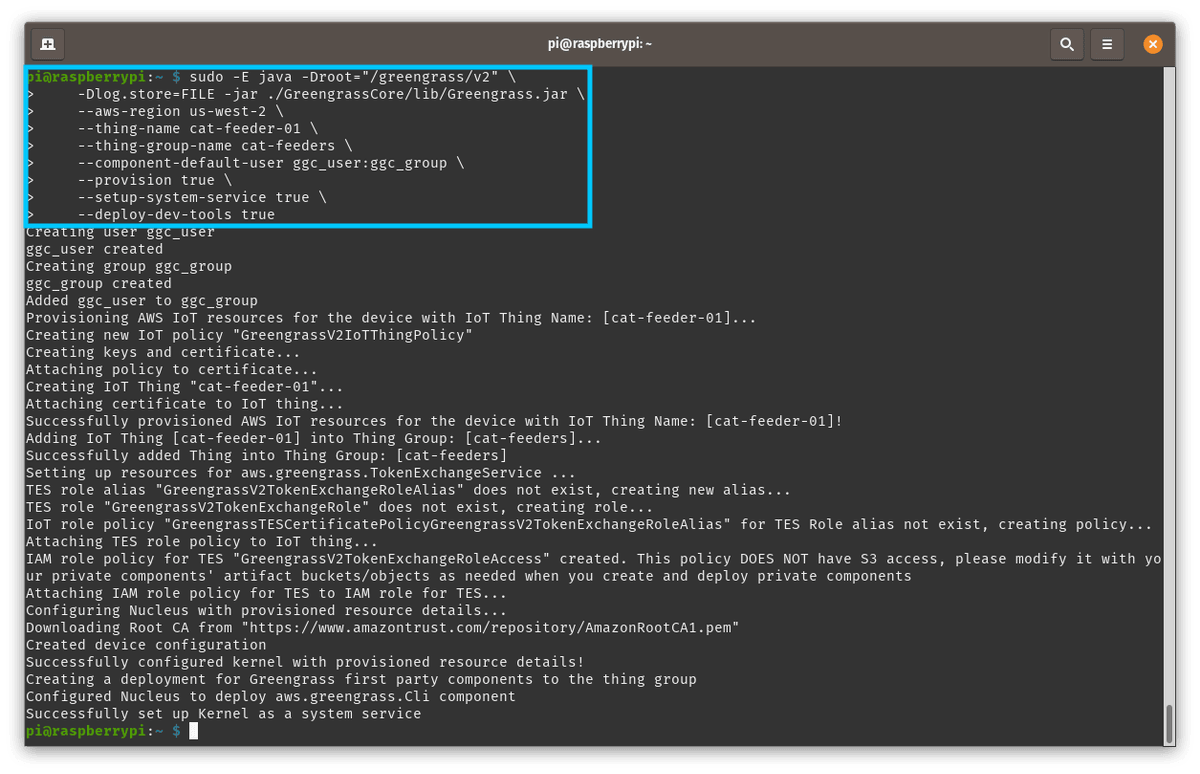 AWS IoT Greengrass V2 Deployment command output