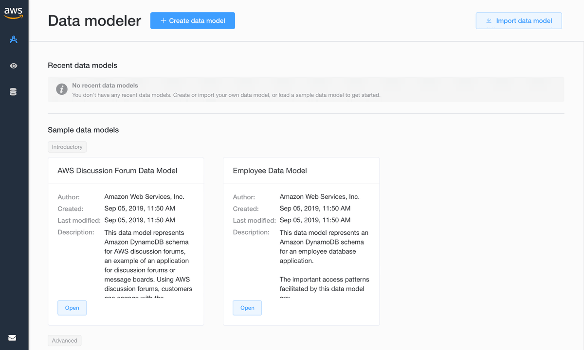 NoSQL Workbench main interface